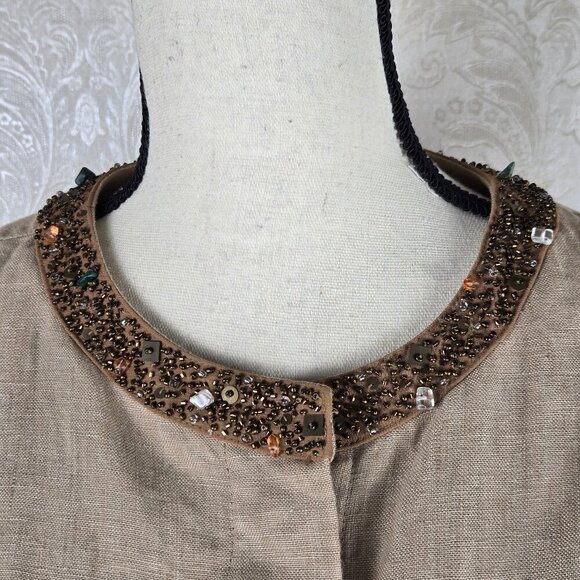 Carole Little Petite Size PXL Tan Linen Jacket Snap Front Beaded Detail Lined - Picture 3 of 12